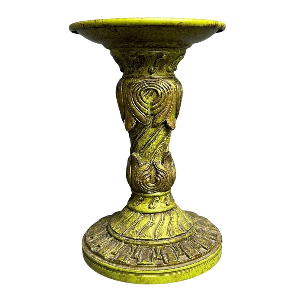 Vintage ornate pillar candle holder Baroque Rococo green wash metal 6x3.5